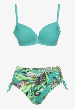 Ciemnozielone Bikini z Motywem Roślinnym Biustonosz i Majtki Figi ze Ściągaczami Sadorene