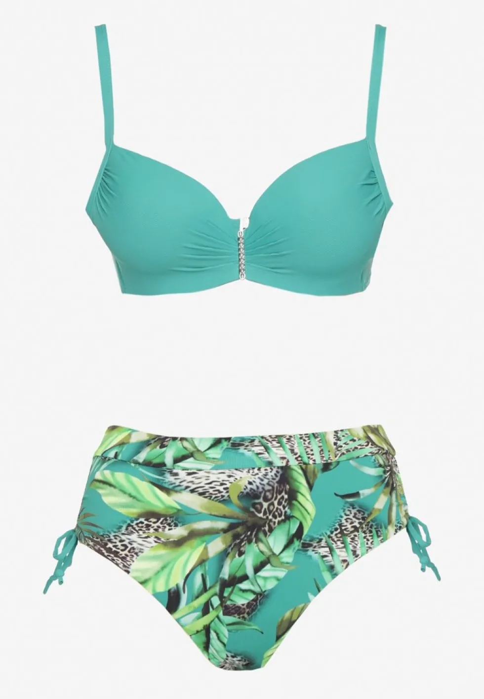 Ciemnozielone Bikini z Motywem Roślinnym Biustonosz i Majtki Figi ze Ściągaczami Sadorene