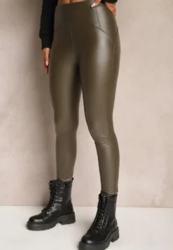 Ciemnozielone Legginsy Push Up z Imitacji Skóry Sialo