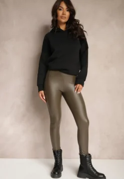 Ciemnozielone Legginsy Push Up z Imitacji Skóry Sialo