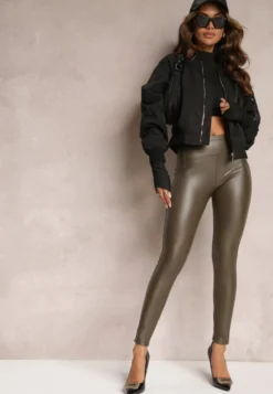 Ciemnozielone Legginsy Push Up z Imitacji Skóry Sialo