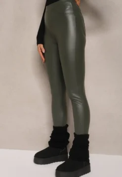 Ciemnozielone Legginsy z Imitacji Skóry High Waist Noriel