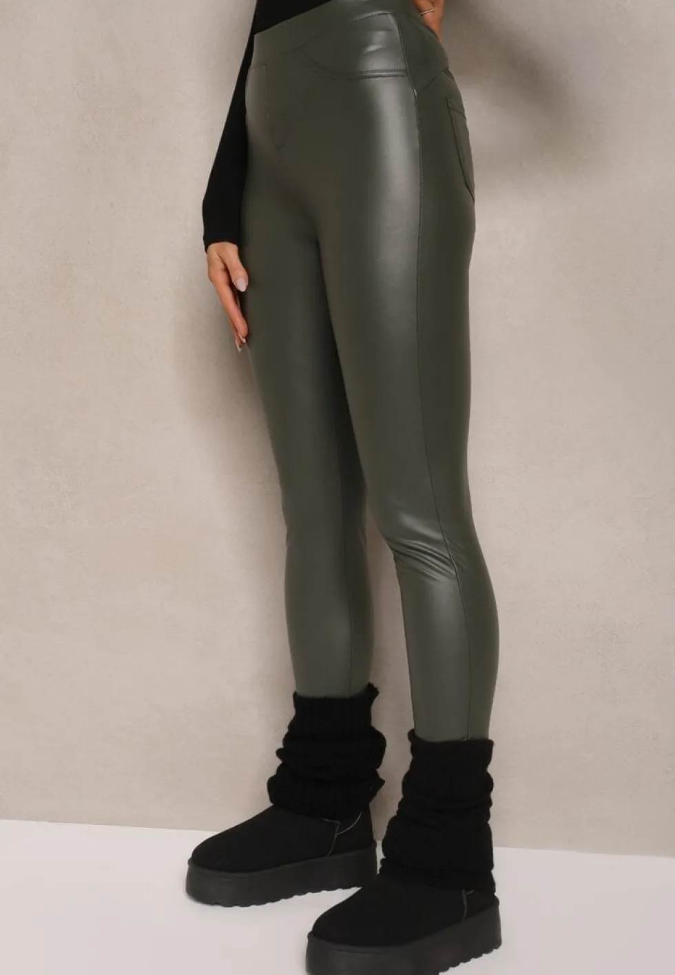 Ciemnozielone Legginsy z Imitacji Skóry High Waist Noriel