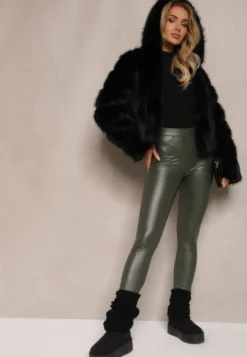 Ciemnozielone Legginsy z Imitacji Skóry High Waist Noriel