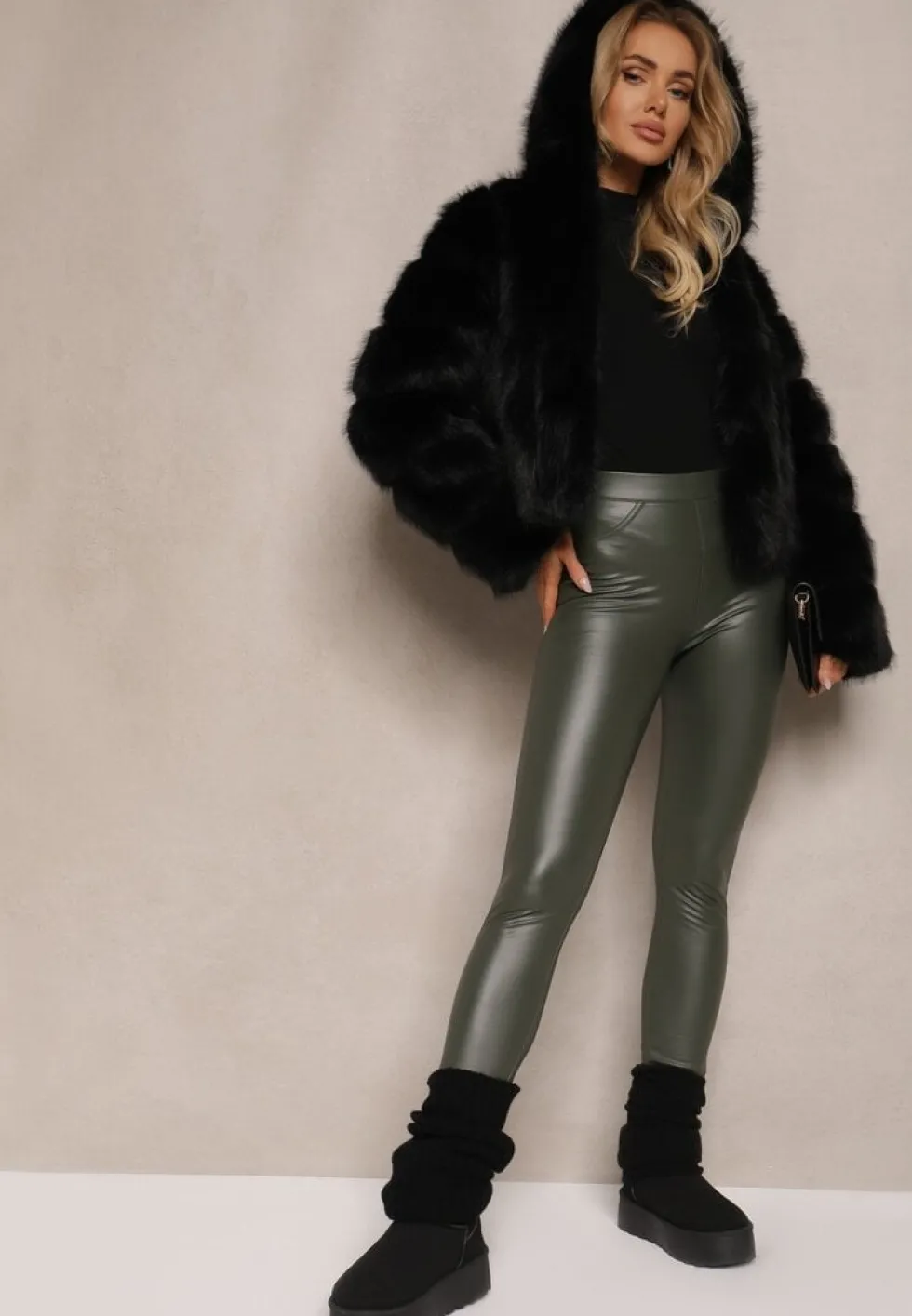 Ciemnozielone Legginsy z Imitacji Skóry High Waist Noriel