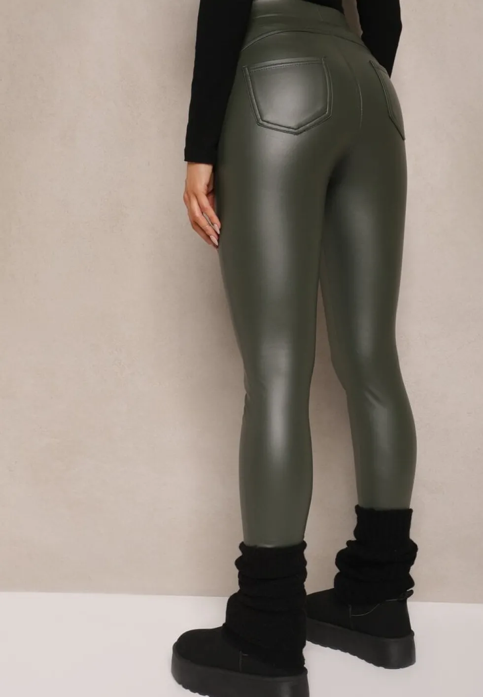 Ciemnozielone Legginsy z Imitacji Skóry High Waist Noriel