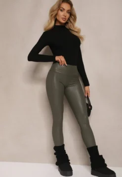 Ciemnozielone Legginsy z Imitacji Skóry High Waist z Polarem Selabra
