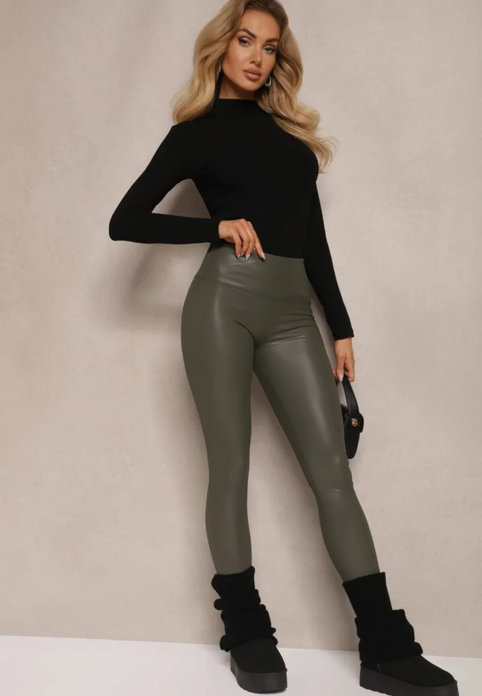 Ciemnozielone Legginsy z Imitacji Skóry High Waist z Polarem Selabra