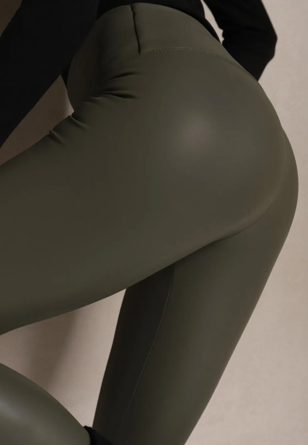 Ciemnozielone Legginsy z Imitacji Skóry High Waist z Polarem Selabra