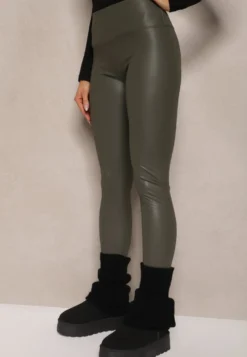 Ciemnozielone Legginsy z Imitacji Skóry High Waist z Polarem Selabra
