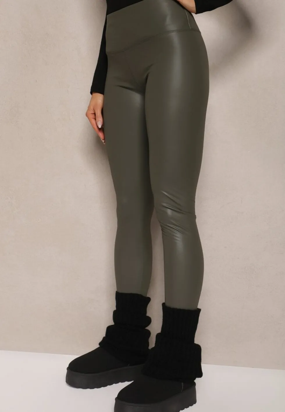 Ciemnozielone Legginsy z Imitacji Skóry High Waist z Polarem Selabra