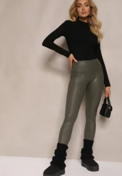Ciemnozielone Legginsy z Imitacji Skóry High Waist z Polarem Selabra