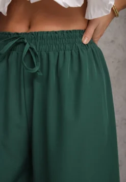 Ciemnozielone Spodnie High Waist z Szerokimi Nogawkami z Wiskozą Wykończone Gumką w Talii Crisantas