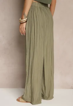 Ciemnozielone Spodnie o Szerokim Kroju High Waist Natoreia