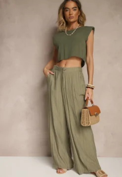 Ciemnozielone Spodnie o Szerokim Kroju High Waist Natoreia