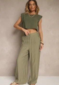 Ciemnozielone Spodnie o Szerokim Kroju High Waist Natoreia