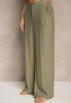 Ciemnozielone Spodnie o Szerokim Kroju High Waist Natoreia