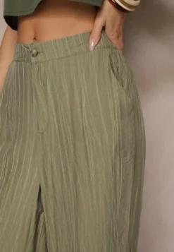 Ciemnozielone Spodnie o Szerokim Kroju High Waist Natoreia
