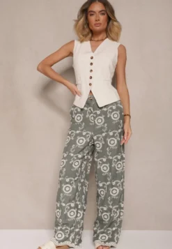 Ciemnozielone Spodnie o Szerokim Kroju High Waist Ozdobione Haftem Issedi