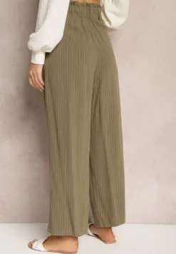 Ciemnozielone Spodnie Regular w Prążki High Waist Sallamia