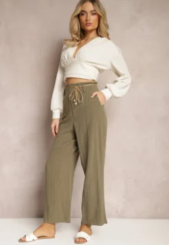 Ciemnozielone Spodnie Regular w Prążki High Waist Sallamia
