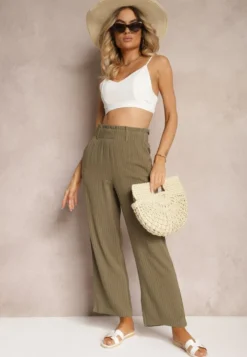 Ciemnozielone Spodnie Regular w Prążki High Waist Sallamia