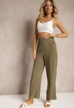 Ciemnozielone Spodnie Regular w Prążki High Waist Sallamia