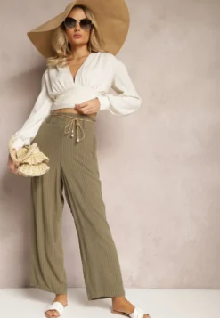 Ciemnozielone Spodnie Regular w Prążki High Waist Sallamia