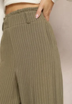 Ciemnozielone Spodnie Regular w Prążki High Waist Sallamia