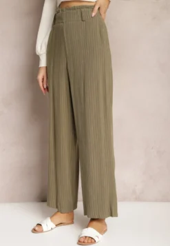 Ciemnozielone Spodnie Regular w Prążki High Waist Sallamia