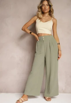 Ciemnozielone Spodnie w Stylu Alladynek High Waist Wykończone Gumką w Pasie Riselma