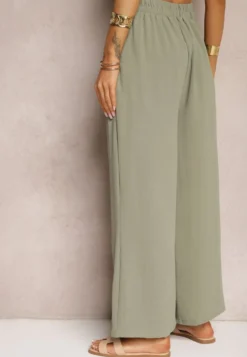Ciemnozielone Spodnie w Stylu Alladynek High Waist Wykończone Gumką w Pasie Riselma