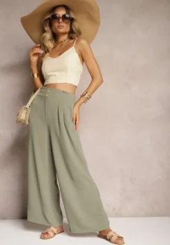 Ciemnozielone Spodnie w Stylu Alladynek High Waist Wykończone Gumką w Pasie Riselma