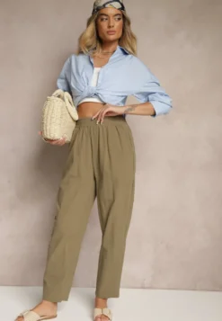 Ciemnozielone Spodnie z Bawełny High Waist Sonirea