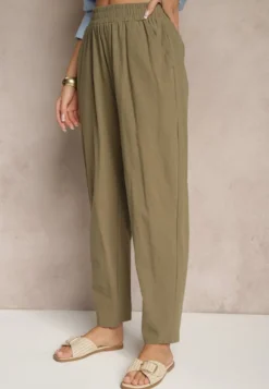 Ciemnozielone Spodnie z Bawełny High Waist Sonirea