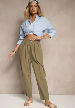 Ciemnozielone Spodnie z Bawełny High Waist Sonirea