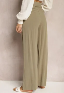 Ciemnozielone Szerokie Spodnie High Waist z Lnu i Wiskozy Apoises