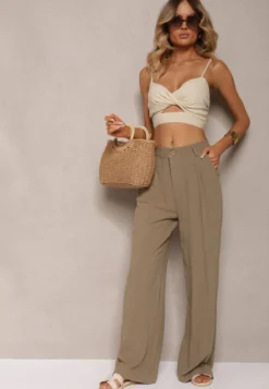 Ciemnozielone Szerokie Spodnie High Waist z Lnu i Wiskozy Apoises