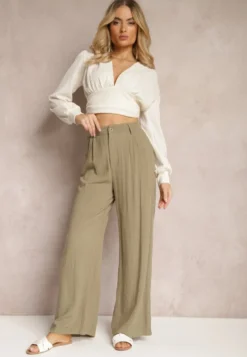 Ciemnozielone Szerokie Spodnie High Waist z Lnu i Wiskozy Apoises