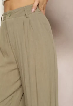 Ciemnozielone Szerokie Spodnie High Waist z Lnu i Wiskozy Apoises