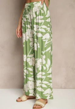 Ciemnozielone Szerokie Spodnie z Wiskozy High Waist w Kwiatowy Wzór Elaneora