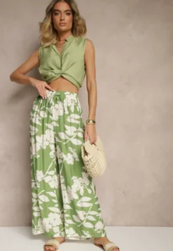 Ciemnozielone Szerokie Spodnie z Wiskozy High Waist w Kwiatowy Wzór Elaneora