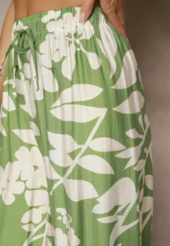 Ciemnozielone Szerokie Spodnie z Wiskozy High Waist w Kwiatowy Wzór Elaneora
