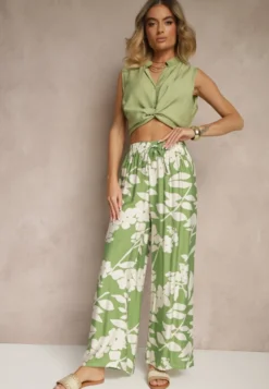Ciemnozielone Szerokie Spodnie z Wiskozy High Waist w Kwiatowy Wzór Elaneora