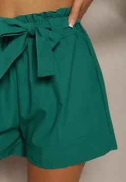 Ciemnozielone Szorty Bermudy High Waist z Dodatkiem Bawełny Wiązane w Pasie Quisevia