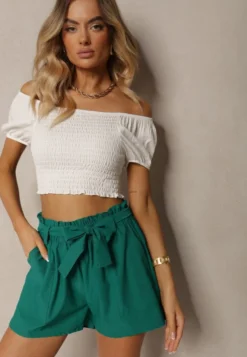 Ciemnozielone Szorty Bermudy High Waist z Dodatkiem Bawełny Wiązane w Pasie Quisevia