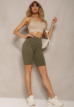 Ciemnozielone Szorty Kolarki High Waist z Elastycznego Materiału Nanestia