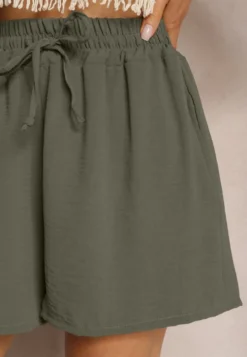 Ciemnozielone Szorty o Luźnym Kroju High Waist z Gumką w Talii Vimallora