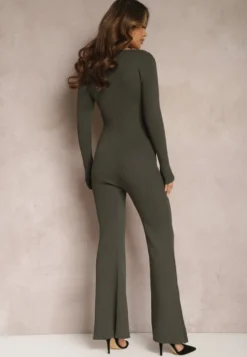 Ciemnozielony Kombinezon Bodycon z Prążkowanej Wiskozy ze Spodniami Typu Dzwony i Suwakiem Lavirna