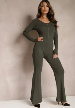 Ciemnozielony Kombinezon Bodycon z Prążkowanej Wiskozy ze Spodniami Typu Dzwony i Suwakiem Lavirna